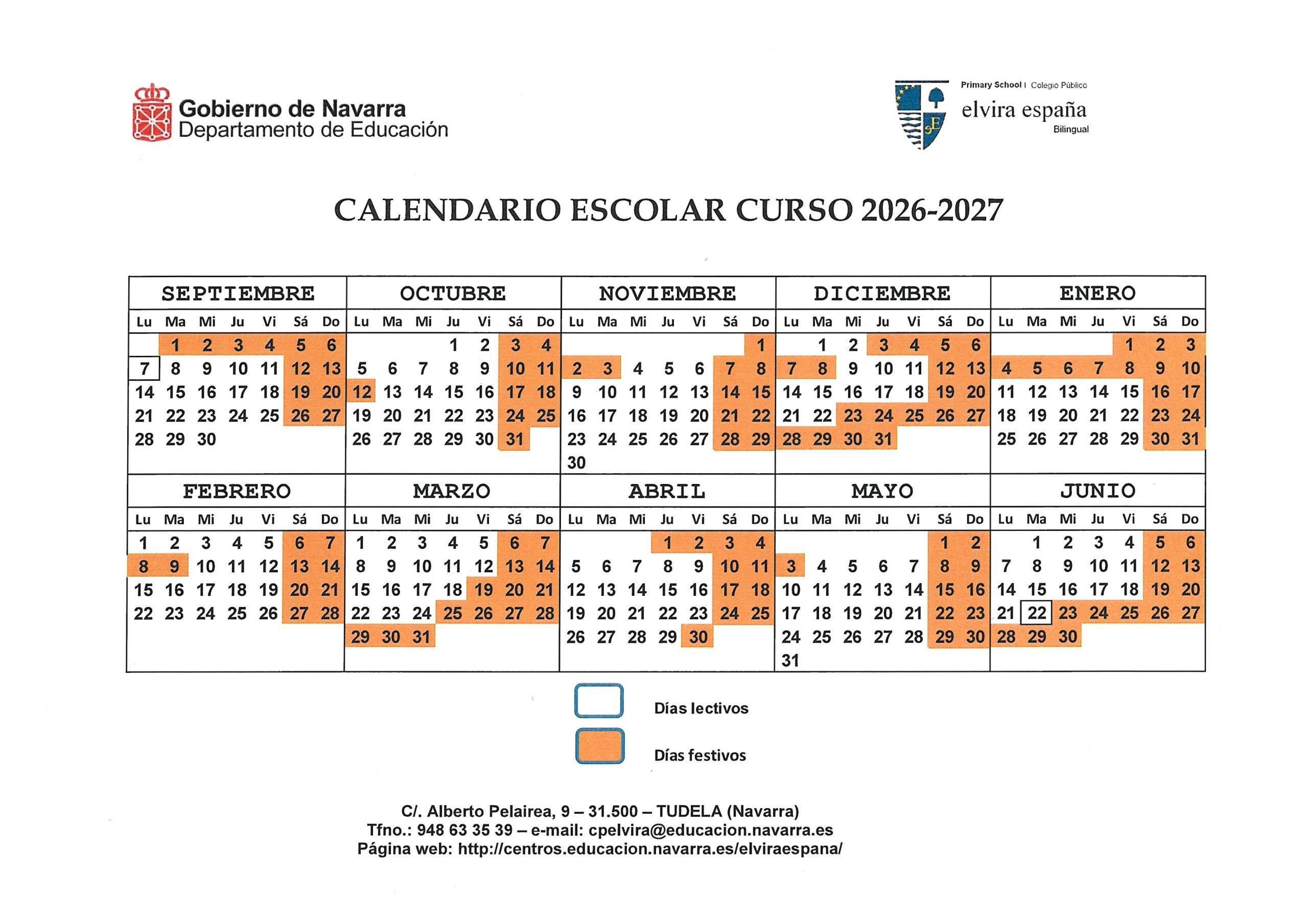 Calendario Escolar curso 26-27 Elvira España